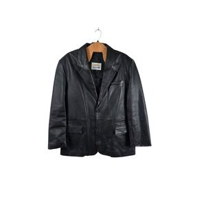 L.A. Leather Blazer Jacket Mens 46 Black Genuine Leather Two Button Coat Vintage